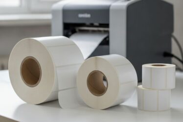 Bobinas de etiquetas adesivas de diferentes tamanhos sobre mesa industrial com impressora térmica ao fundo