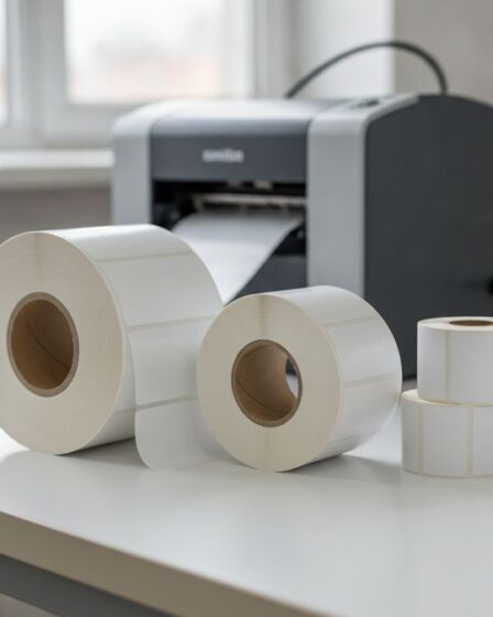 Bobinas de etiquetas adesivas de diferentes tamanhos sobre mesa industrial com impressora térmica ao fundo