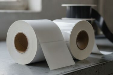 Bobinas de etiqueta térmica direta e etiqueta couché lado a lado com ribbon de transferência térmica ao fundo