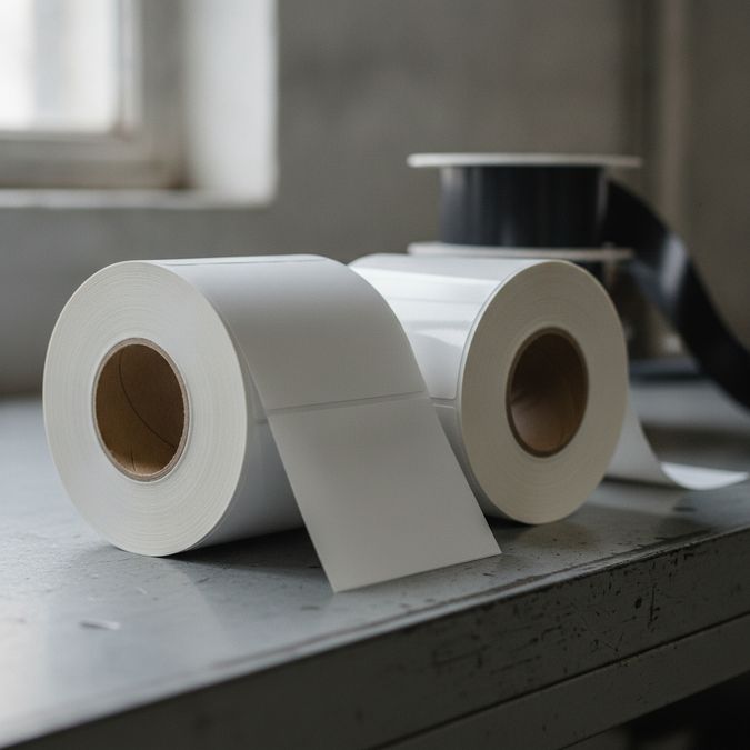 Bobinas de etiqueta térmica direta e etiqueta couché lado a lado com ribbon de transferência térmica ao fundo