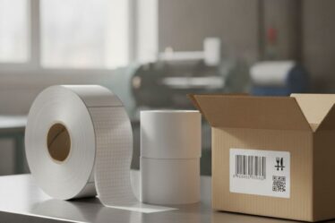 Bobinas de etiqueta adesiva BOPP e térmica ao lado de caixa de papelão com rótulo para delivery impresso