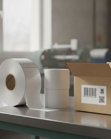 Bobinas de etiqueta adesiva BOPP e térmica ao lado de caixa de papelão com rótulo para delivery impresso