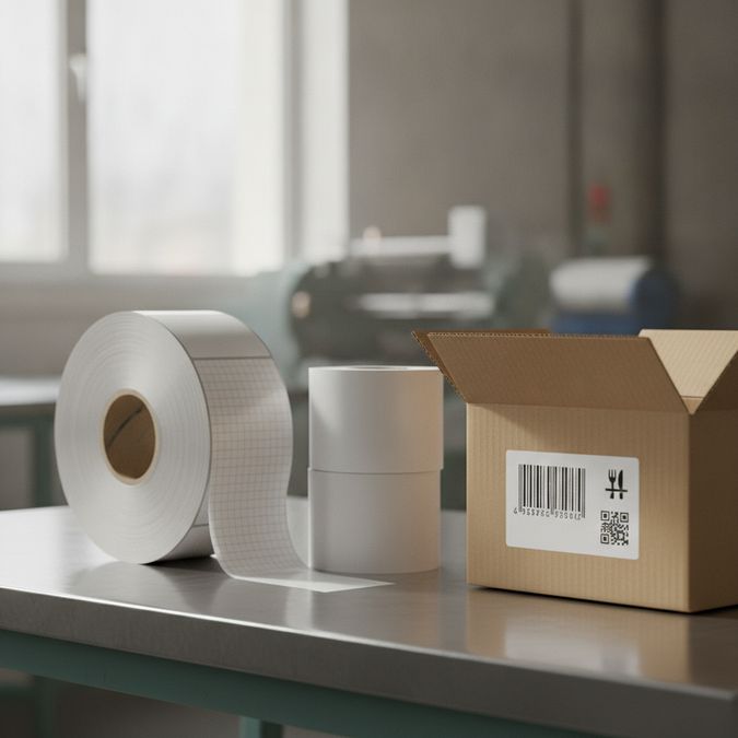 Bobinas de etiqueta adesiva BOPP e térmica ao lado de caixa de papelão com rótulo para delivery impresso