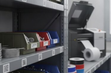 Etiquetas adesivas de poliéster com QR Code aplicadas em equipamentos industriais organizados em prateleira de almoxarifado