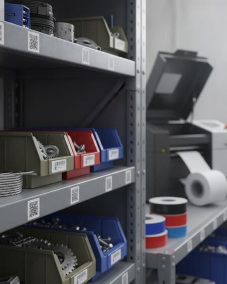 Etiquetas adesivas de poliéster com QR Code aplicadas em equipamentos industriais organizados em prateleira de almoxarifado