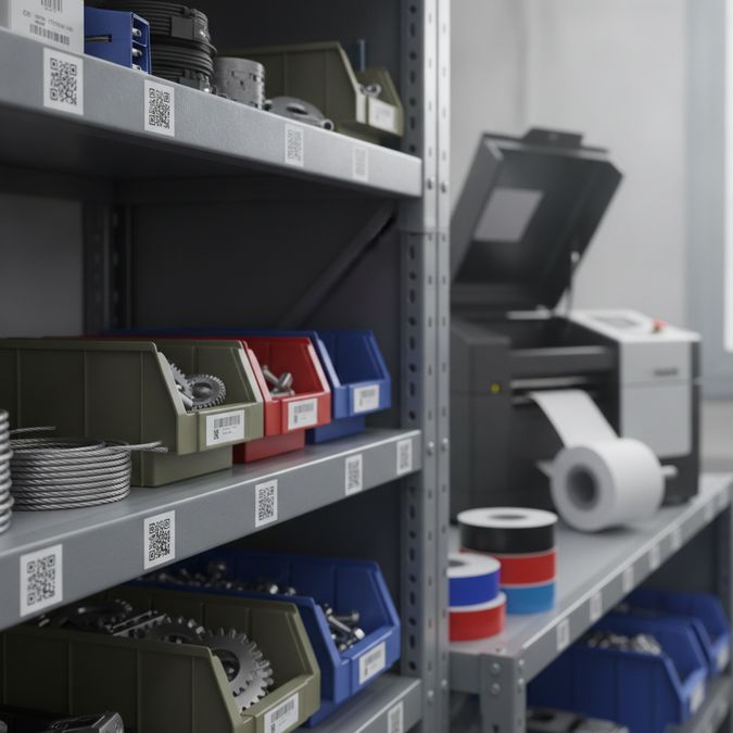 Etiquetas adesivas de poliéster com QR Code aplicadas em equipamentos industriais organizados em prateleira de almoxarifado