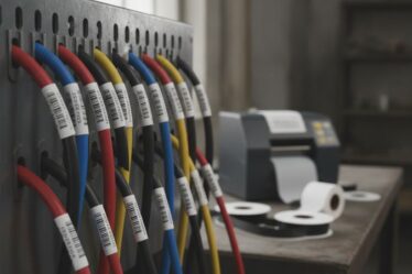 Etiquetas adesivas de poliéster aplicadas em cabos elétricos em painel industrial com impressora térmica ao fundo