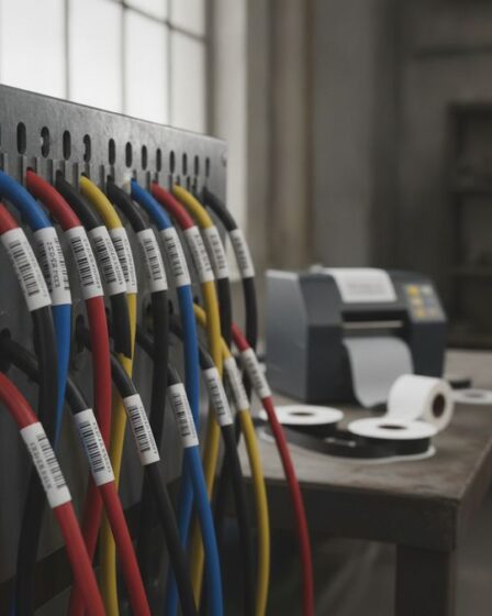 Etiquetas adesivas de poliéster aplicadas em cabos elétricos em painel industrial com impressora térmica ao fundo