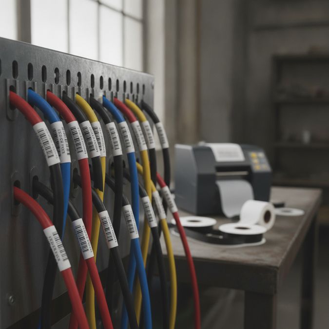 Etiquetas adesivas de poliéster aplicadas em cabos elétricos em painel industrial com impressora térmica ao fundo