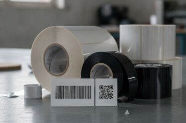 Bobinas de etiqueta BOPP e ribbons de transferência térmica sobre mesa industrial com etiqueta QR Code impressa em destaque