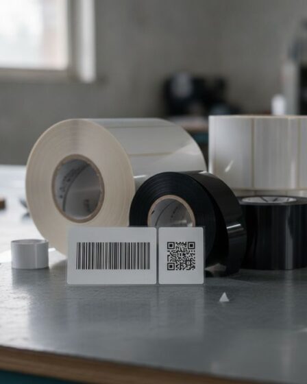 Bobinas de etiqueta BOPP e ribbons de transferência térmica sobre mesa industrial com etiqueta QR Code impressa em destaque