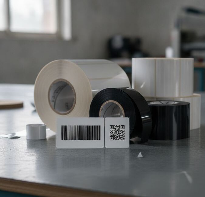 Bobinas de etiqueta BOPP e ribbons de transferência térmica sobre mesa industrial com etiqueta QR Code impressa em destaque