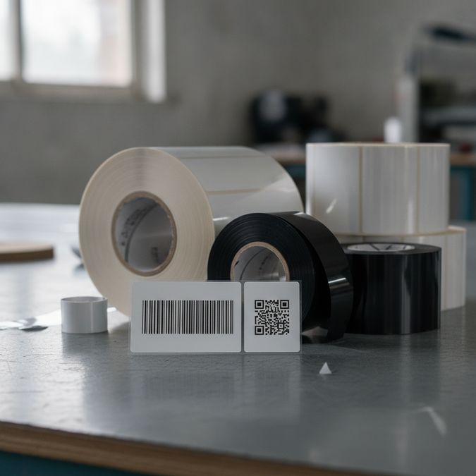 Bobinas de etiqueta BOPP e ribbons de transferência térmica sobre mesa industrial com etiqueta QR Code impressa em destaque