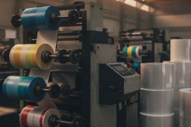 Máquina de impressão flexográfica produzindo bobinas de rótulos adesivos personalizados em ambiente industrial