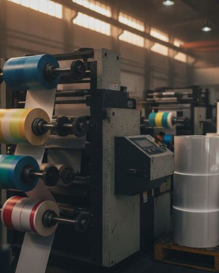 Máquina de impressão flexográfica produzindo bobinas de rótulos adesivos personalizados em ambiente industrial