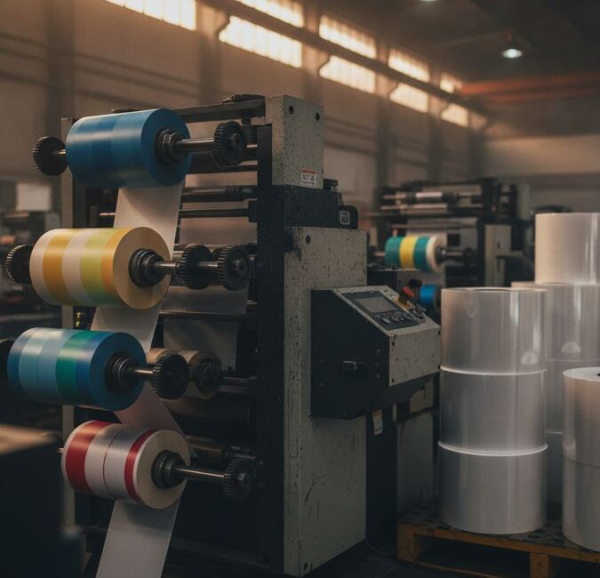 Máquina de impressão flexográfica produzindo bobinas de rótulos adesivos personalizados em ambiente industrial