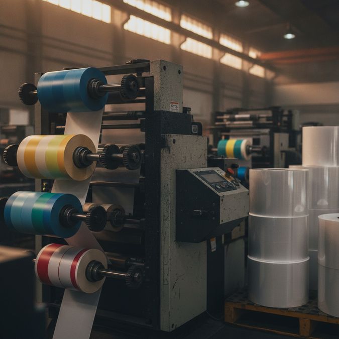Máquina de impressão flexográfica produzindo bobinas de rótulos adesivos personalizados em ambiente industrial