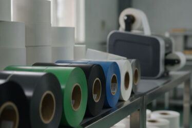 Bobinas de ribbon Inkanto cera, mista e resina organizadas em prateleira industrial ao lado de rolos de etiquetas