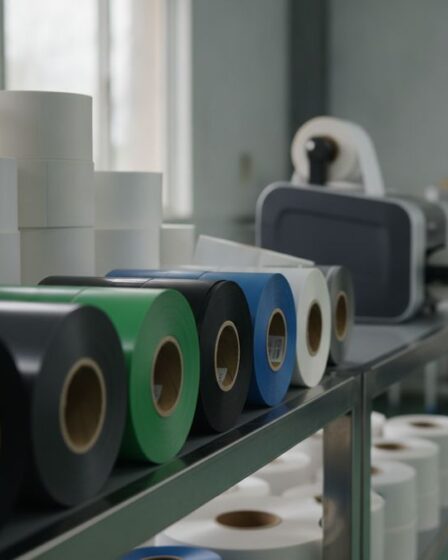 Bobinas de ribbon Inkanto cera, mista e resina organizadas em prateleira industrial ao lado de rolos de etiquetas