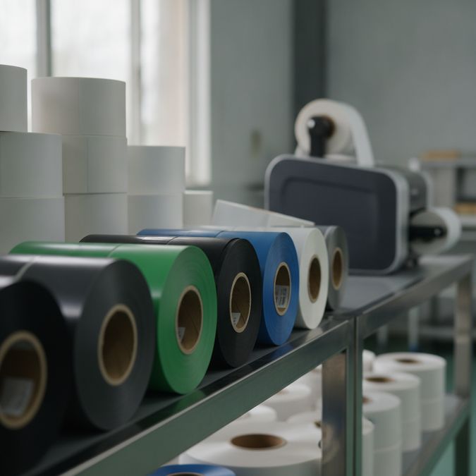 Bobinas de ribbon Inkanto cera, mista e resina organizadas em prateleira industrial ao lado de rolos de etiquetas