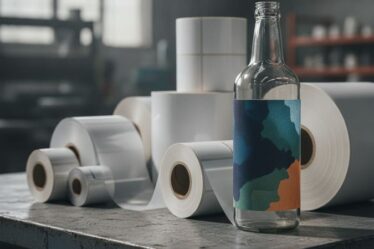 Bobinas de etiqueta BOPP branca e transparente sobre mesa industrial ao lado de garrafa com rótulo personalizado impresso