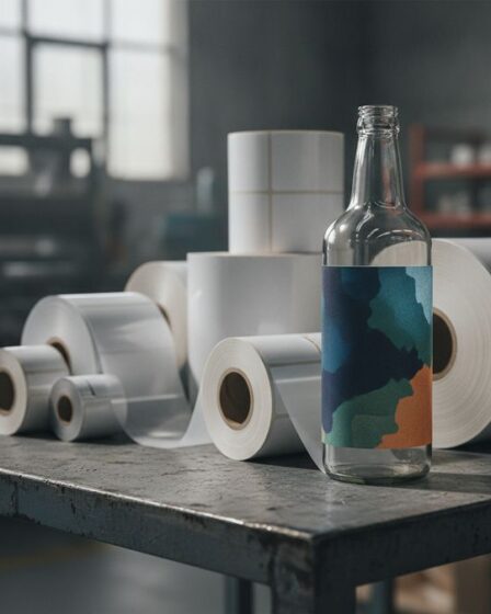 Bobinas de etiqueta BOPP branca e transparente sobre mesa industrial ao lado de garrafa com rótulo personalizado impresso