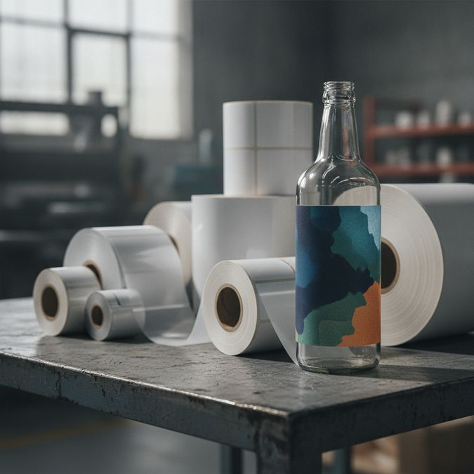Bobinas de etiqueta BOPP branca e transparente sobre mesa industrial ao lado de garrafa com rótulo personalizado impresso