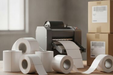 Bobinas de etiquetas adesivas sobre mesa de galpão logístico com impressora térmica e caixas de papelão etiquetadas ao fundo