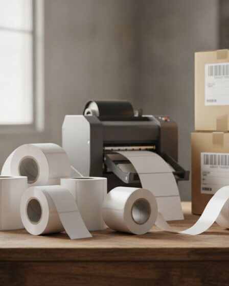 Bobinas de etiquetas adesivas sobre mesa de galpão logístico com impressora térmica e caixas de papelão etiquetadas ao fundo
