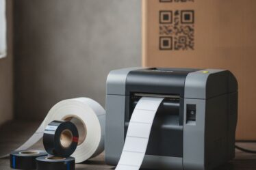 Impressora de etiquetas térmica sobre bancada industrial com bobinas de ribbon e rolo de etiquetas adesivas ao lado