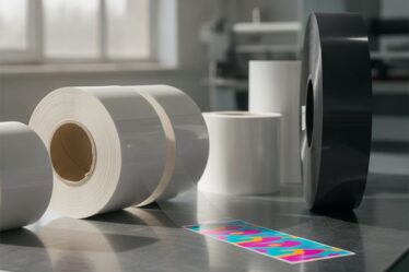 Bobinas de etiqueta BOPP transparente e branca sobre mesa industrial com ribbon de transferência térmica ao fundo